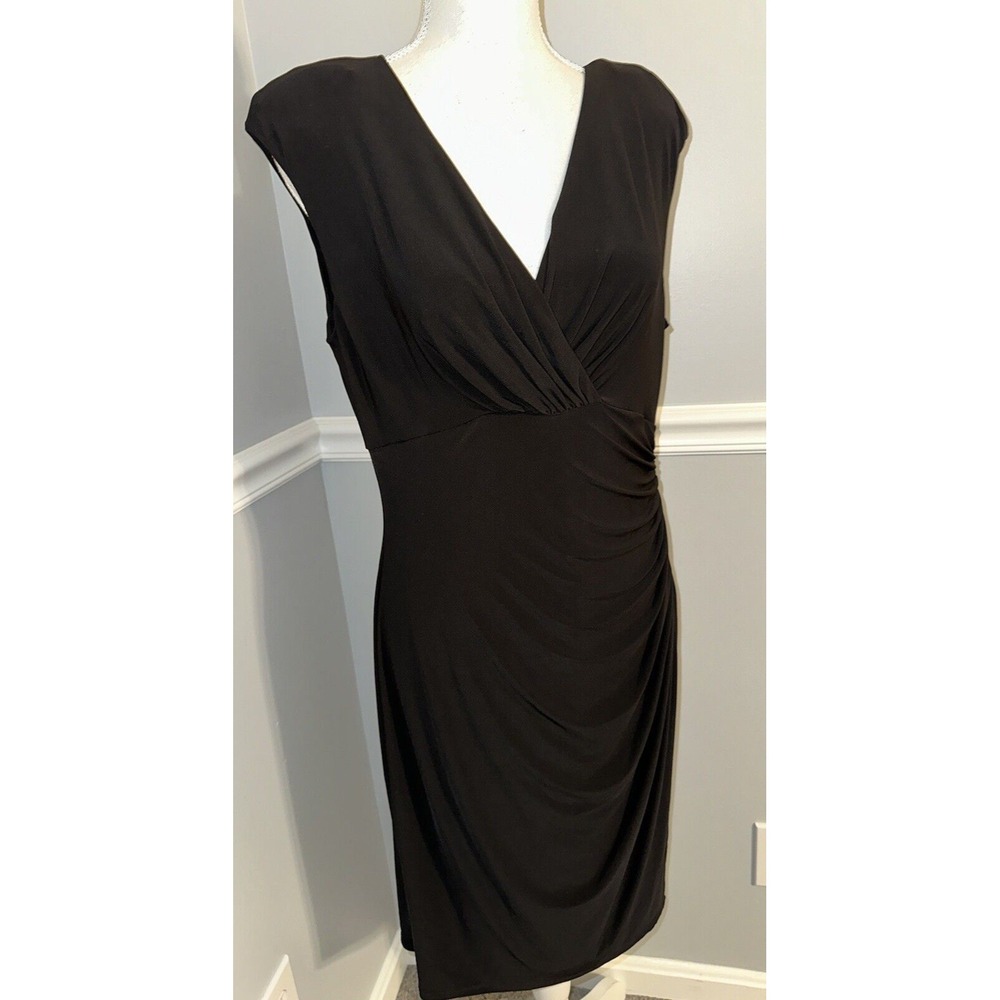 Ralph Lauren Dress Womens Size 12 Black Faux‎ Wrap Ruched Side V Neck Stretch